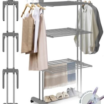 BAUER & MEYER® - Droogrek - Inklapbaar Wasrek - Incl. 20 wasknijpers - Droogtoren - Wastoren - 173 x 75 x 63 cm - Grijs