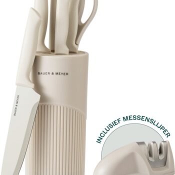 BAUER & MEYER® Messenset - Messenblok - 8-delig - Incl. messenslijper - Keukenmessen - Keukengerei - Oatmeal