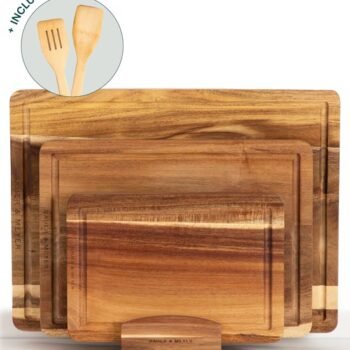 BAUER & MEYER® Snijplankenset met houder - Snijplank hout - 7-delig - Incl. 2 Spatels + Waxolie - Serveerplank - Borrelplank - Acaciahout (40x30 - 33x24 - 26x18 cm)