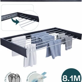 BAUER & MEYER® Wanddroogrek XXL 116cm - Droogrek Inklapbaar - Incl. 10 wasknijpers + 1x wasmand - Wasrek - 8.1 Meter drooglengte - Zwart