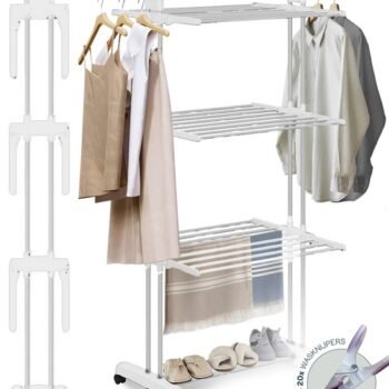 BAUER & MEYER® - Droogrek - Inklapbaar Wasrek - Incl. 20 wasknijpers - Droogtoren - Wastoren - 173 x 75 x 63 cm - Wit