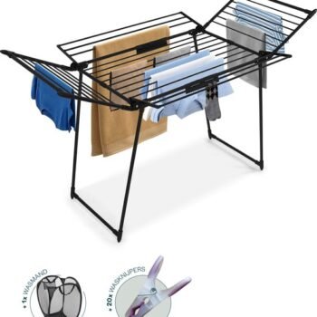 BAUER & MEYER® Droogrek Classic - Wasrek Inklapbaar - Incl. 20 wasknijpers + 1x wasmand - 25 Meter drooglengte + 30kg draagkracht - Zwart