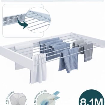 BAUER & MEYER® Wanddroogrek XXL 116cm - Droogrek Inklapbaar - Incl. 10 wasknijpers + 1x wasmand - Wasrek - 8.1 Meter drooglengte - Wit