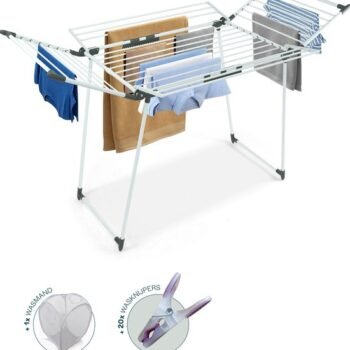 BAUER & MEYER® Droogrek Classic - Wasrek Inklapbaar - Incl. 20 wasknijpers + 1x wasmand - 25 Meter drooglengte + 30kg draagkracht - WIT